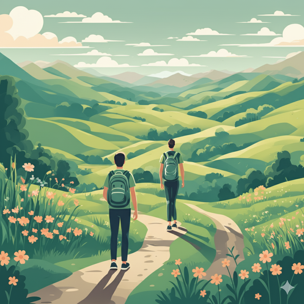 Your wellness journey - two people walking through peaceful landscape