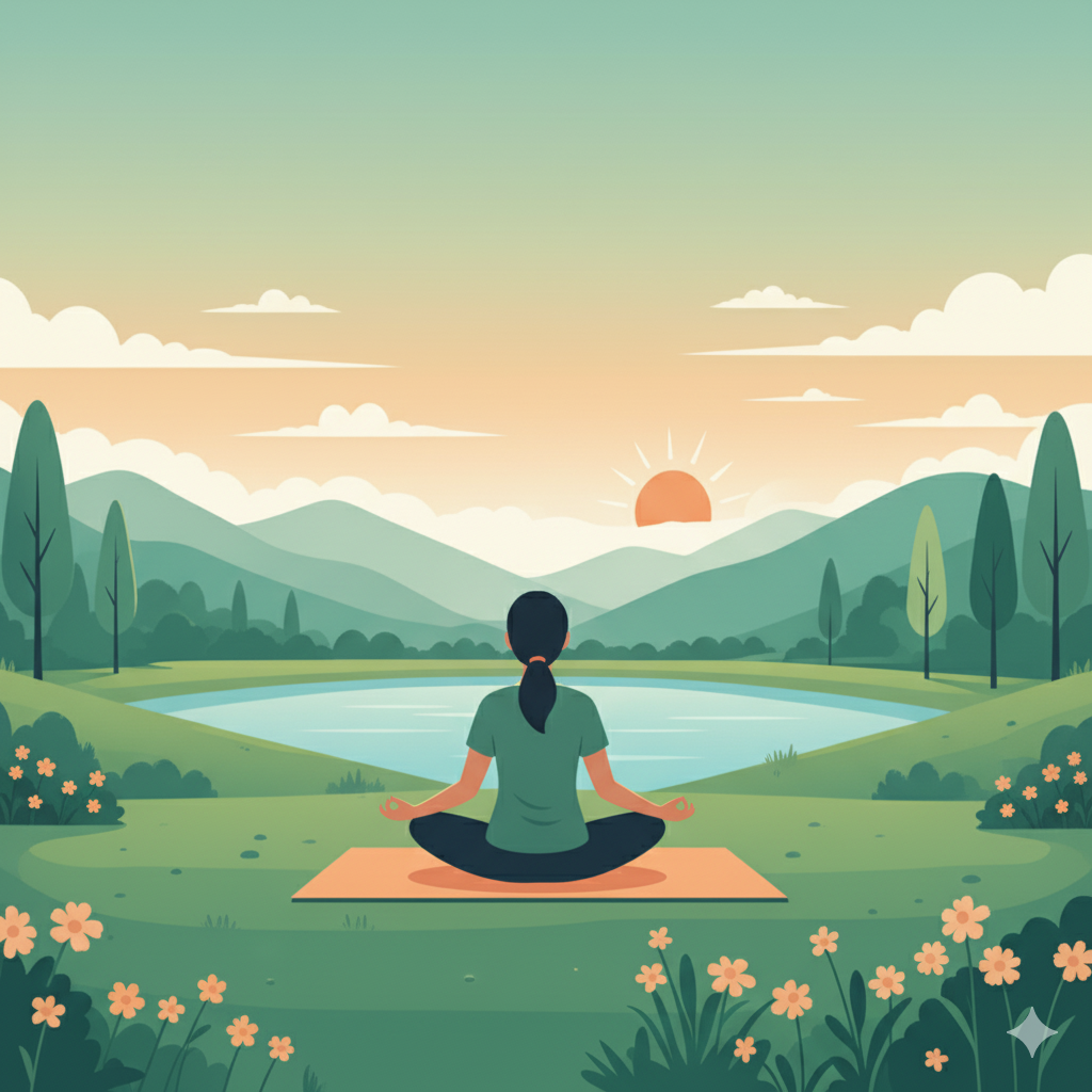 Person meditating by peaceful lake at sunset